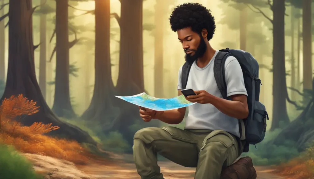 Viajante examinando mapa digital em floresta exuberante, destacando preparação para segurança em território desconhecido.