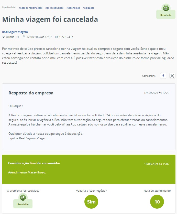 Exemplo de Avaliação feita no Reclame Aqui sobre a Real Seguro Viagem.